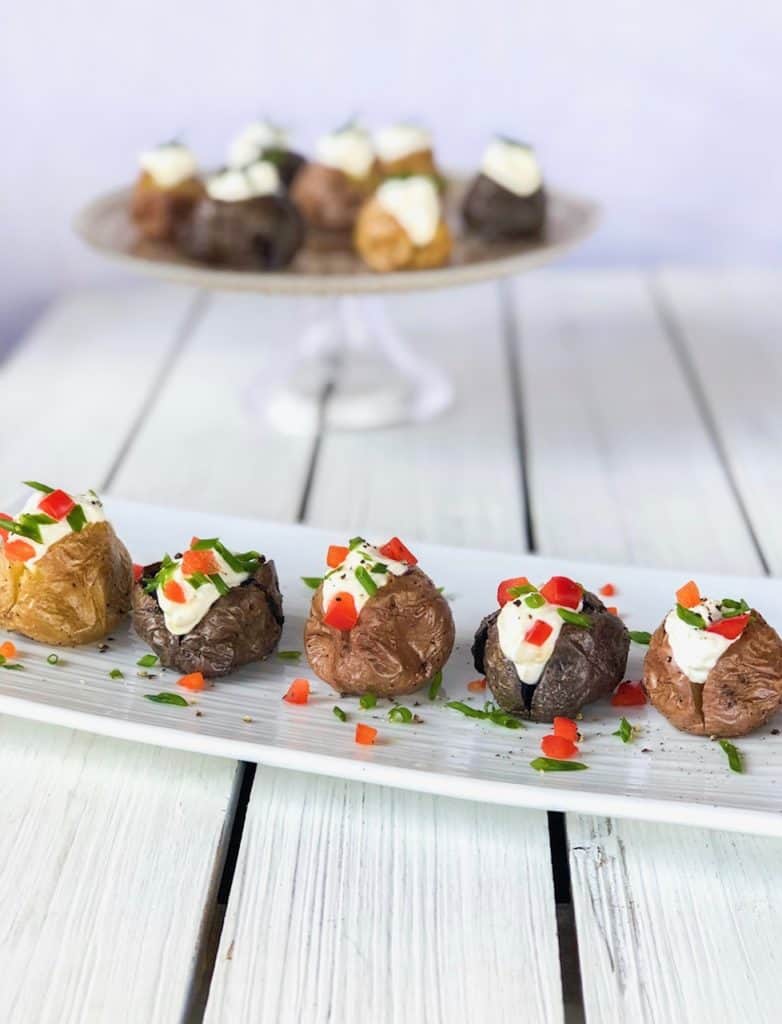 Mini baked potatoes appetizer bites. Perfect party food for any holiday.