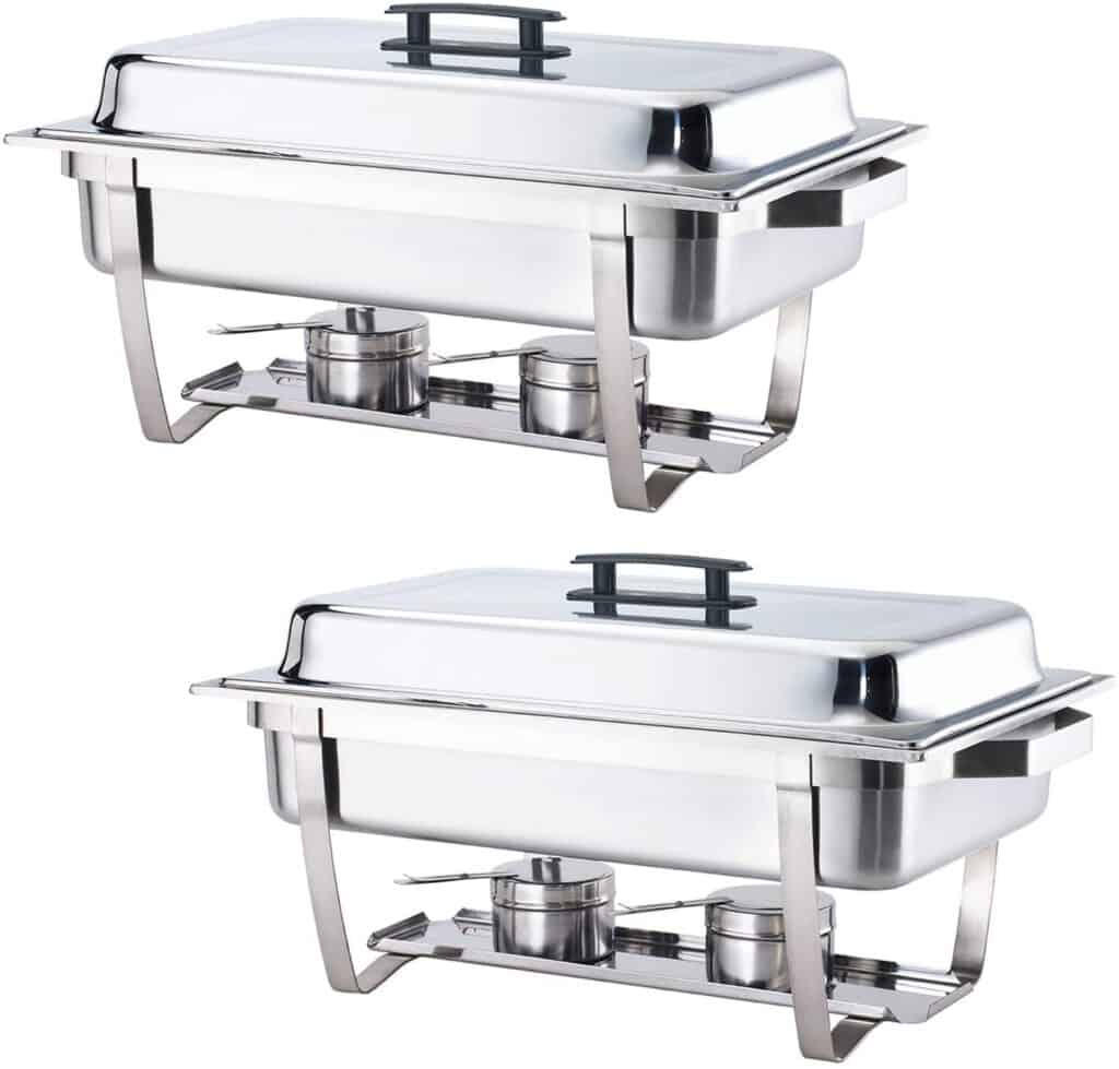 two stainless steel chafing dishes