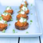 These Roasted Buffalo Chicken Sweet Potato Rounds are an easy make ahead game day appetizer! Football games or thanksgiving, these are the best recipe for entertaining, holiday or a Superbowl party.