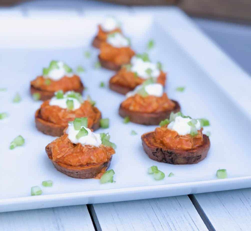 These Roasted Buffalo Chicken Sweet Potato Rounds are an easy make ahead game day appetizer! Football games or thanksgiving, these are the best recipe for entertaining, holiday or a Superbowl party.