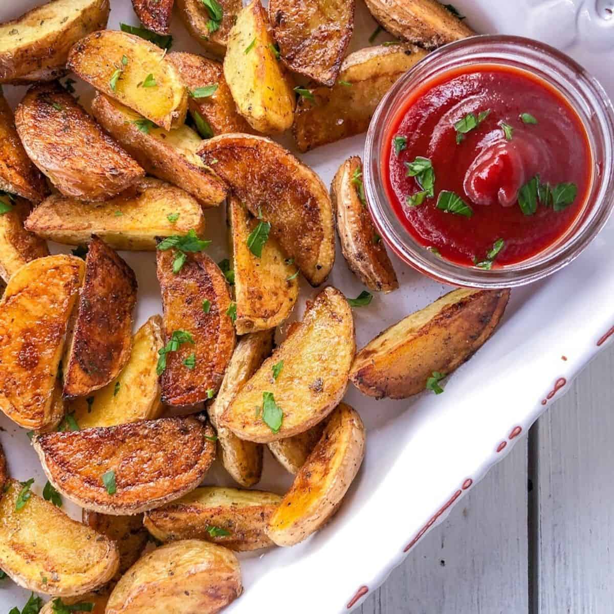 Crispy potato wedges with seasoning on a plate with ketchup.