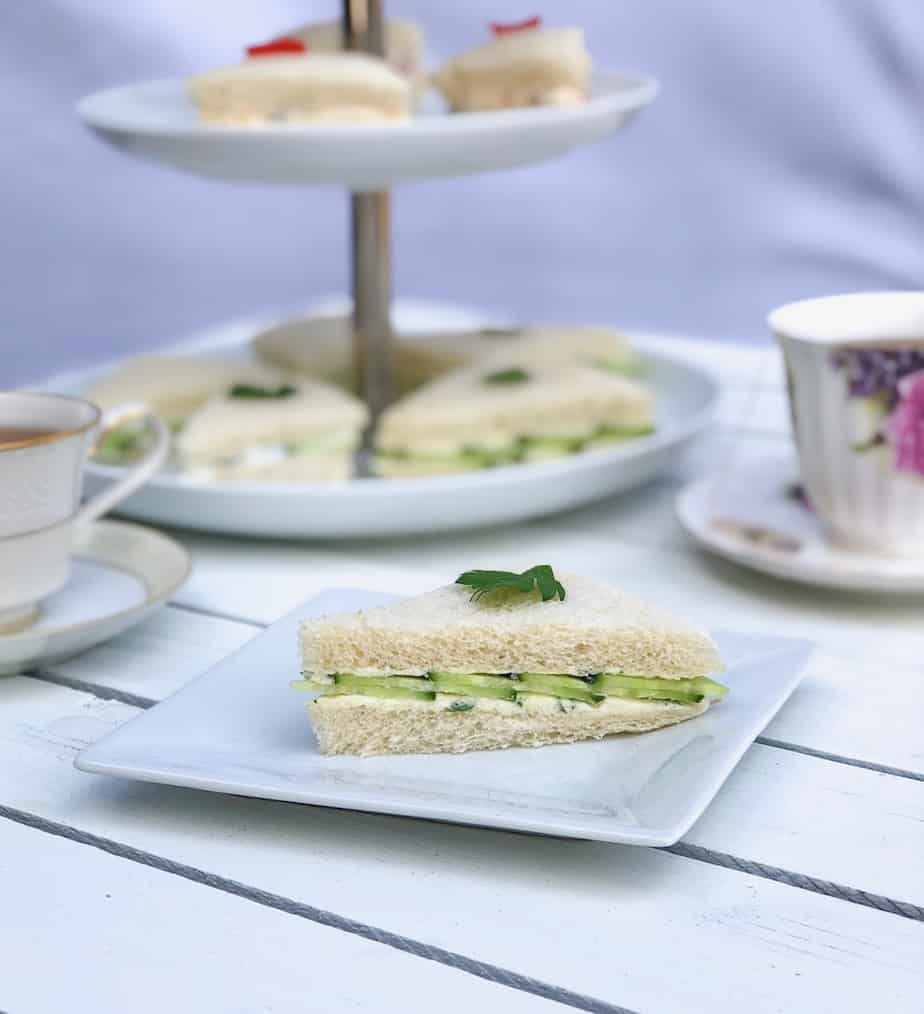 Cucumber sandwiches on a plate for a tea party.