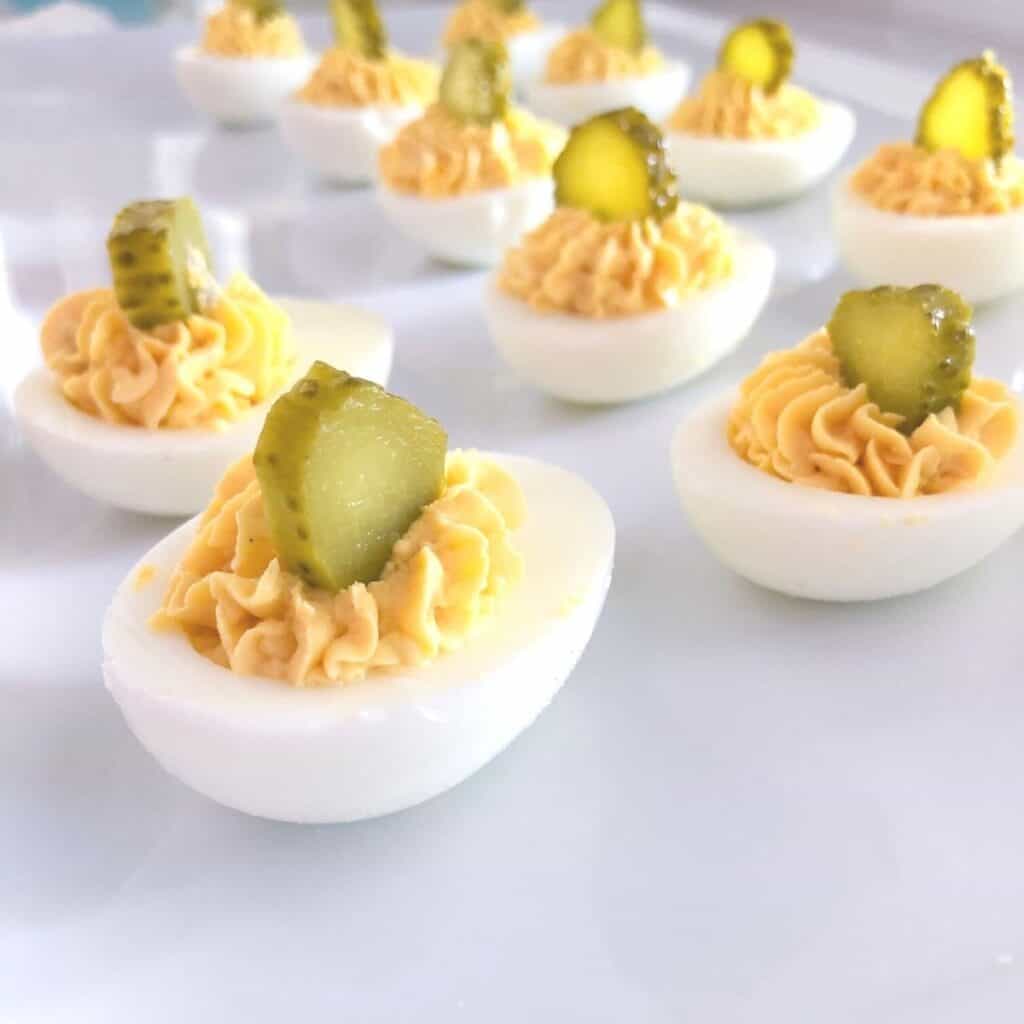 Southern deviled eggs with pickles.
