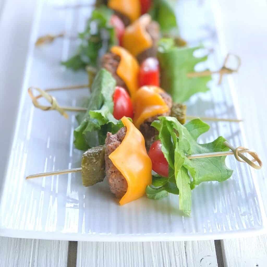 Mini skewered cheeseburgers.