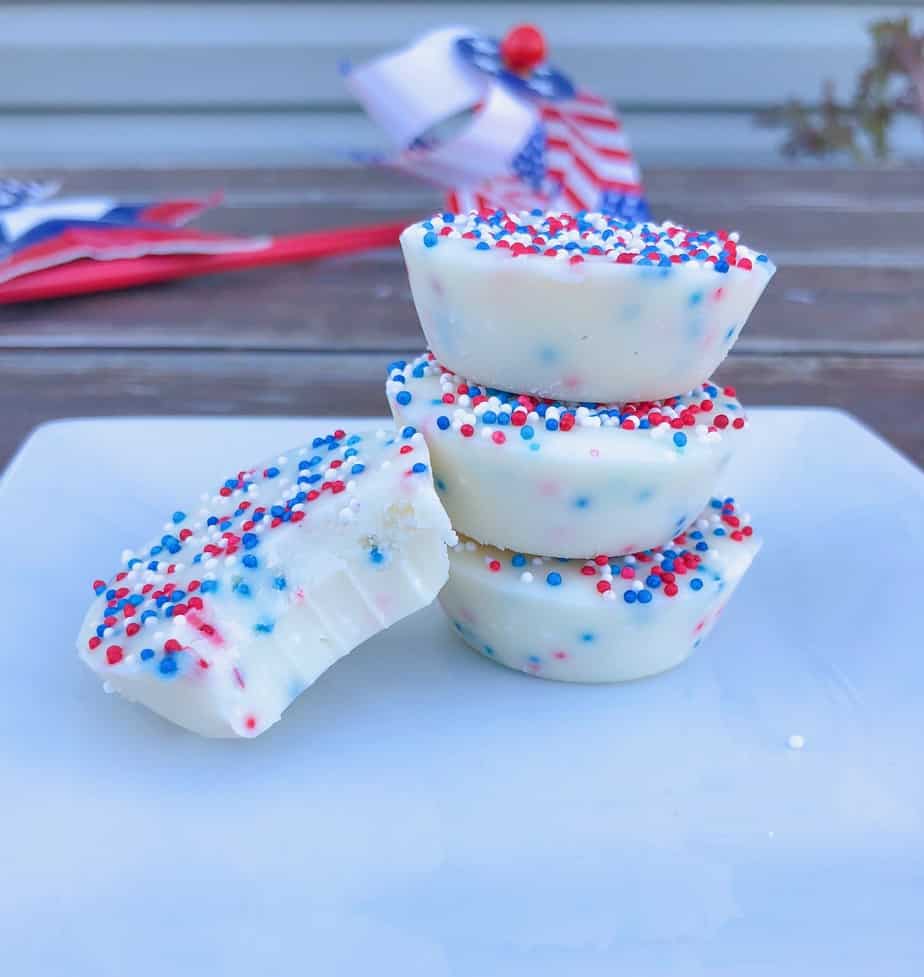 Patriotic fudge bites with red white and blue sprinkles.