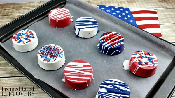 Red white and blue coated Oreos.