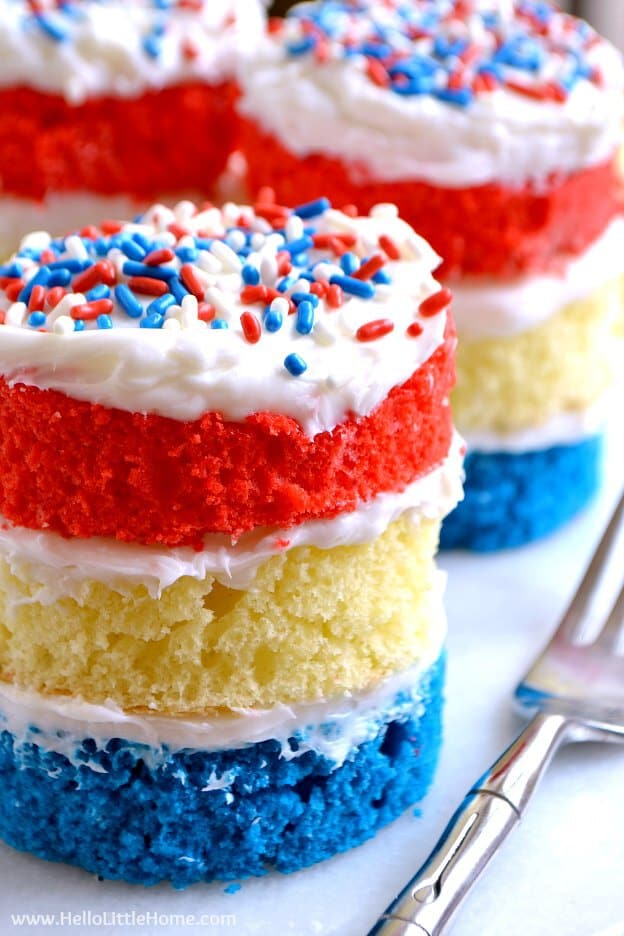 Red white and blue mini cake stacks.