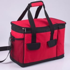 Red cooler bag with handles.