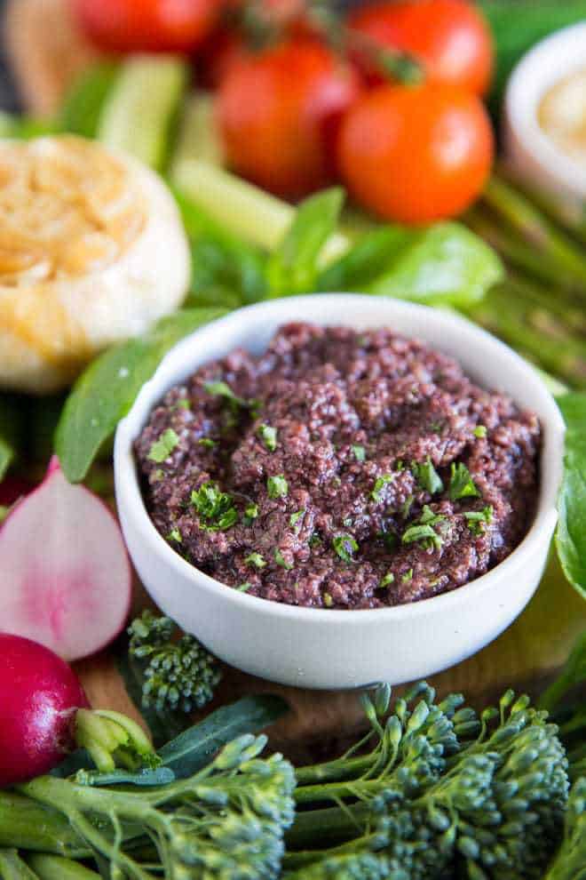 Olive tapenade with fresh veggies.