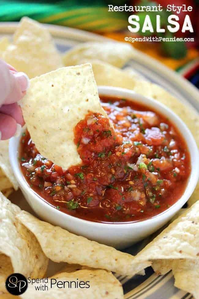 Salsa dip with tortilla chips.