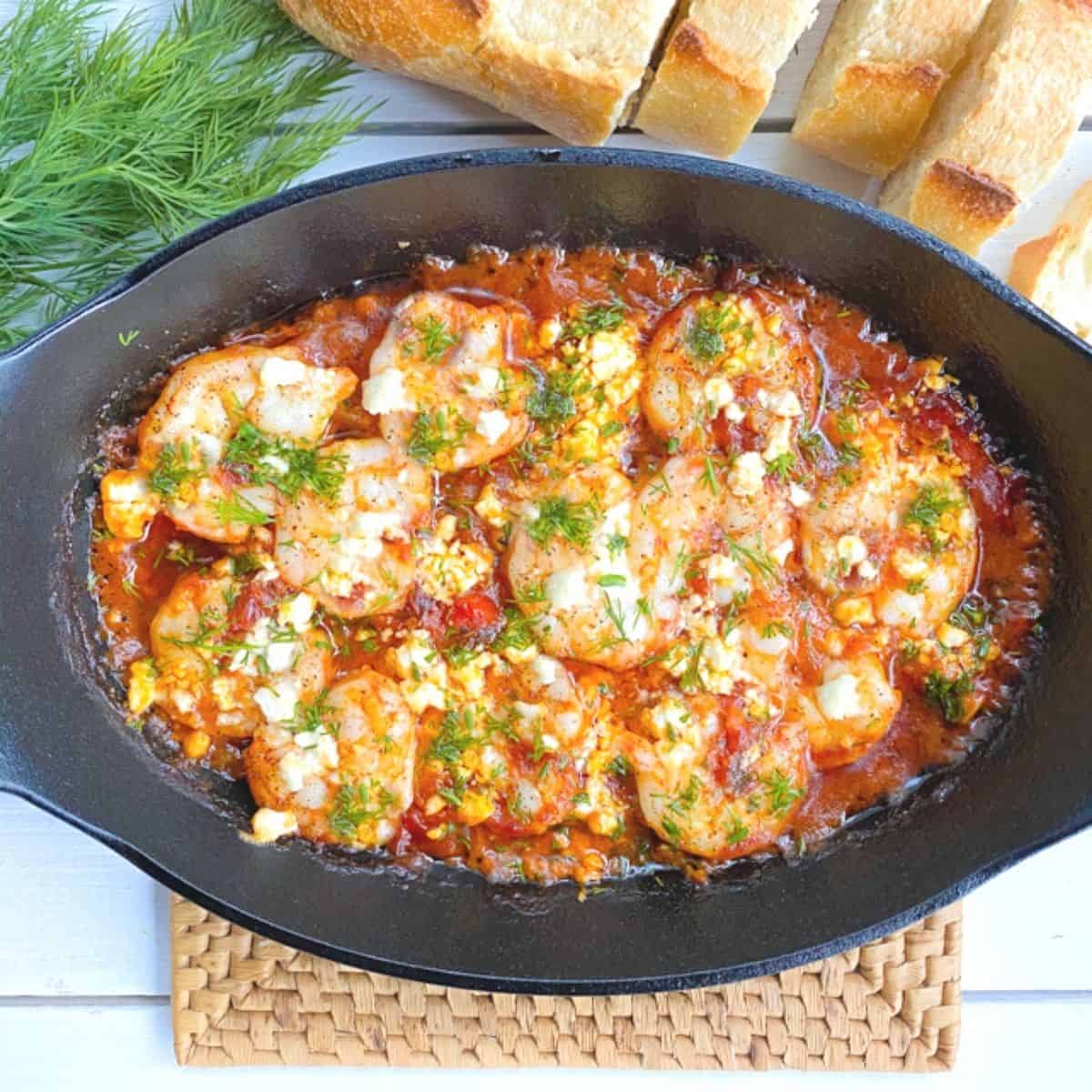 Greek shrimp saganaki in a skillet with feta cheese