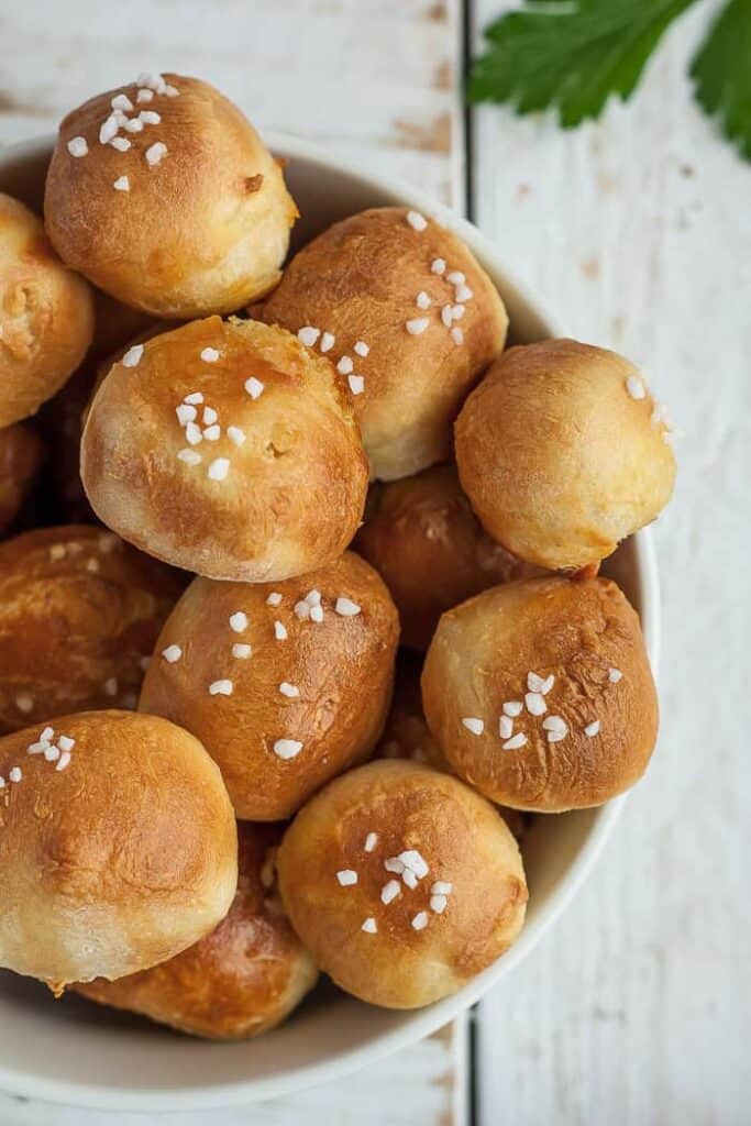 pretzel bites appetizer shaped into balls with salt on tip