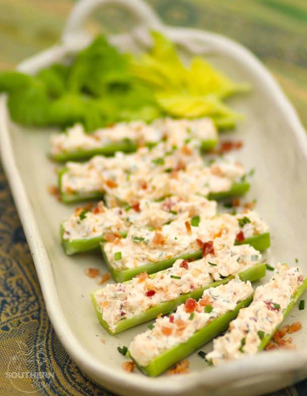 Cheese and bacon stuffed celery sticks.