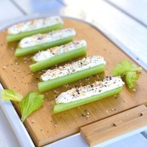 celery sticks stuffed with cream cheese and everything bagel seasoning