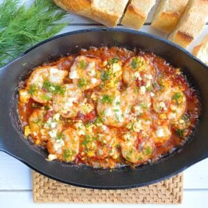 overhead shot of Greek shrimp saganaki skillet