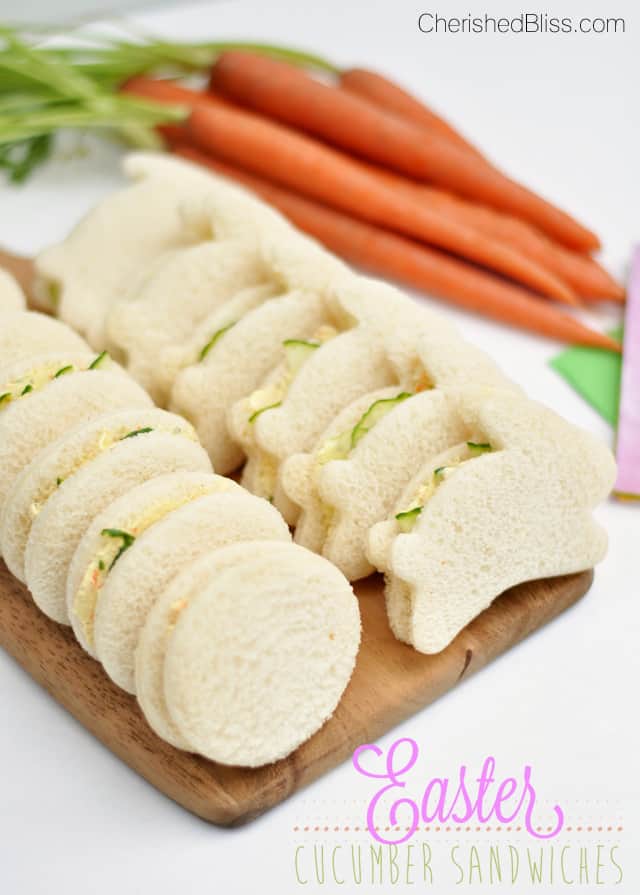 sandwiches cut into rounds and little bunnies for Easter appetizer.
