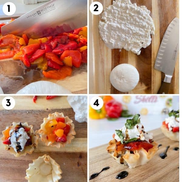 steps to make phyllo cups with cheese and pepper filling.