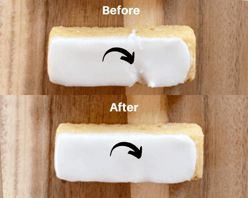 Two images showing how to smooth out frosting on a cookie.