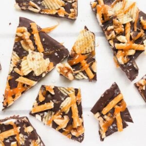 dark chocolate salted bark cut into pieces.