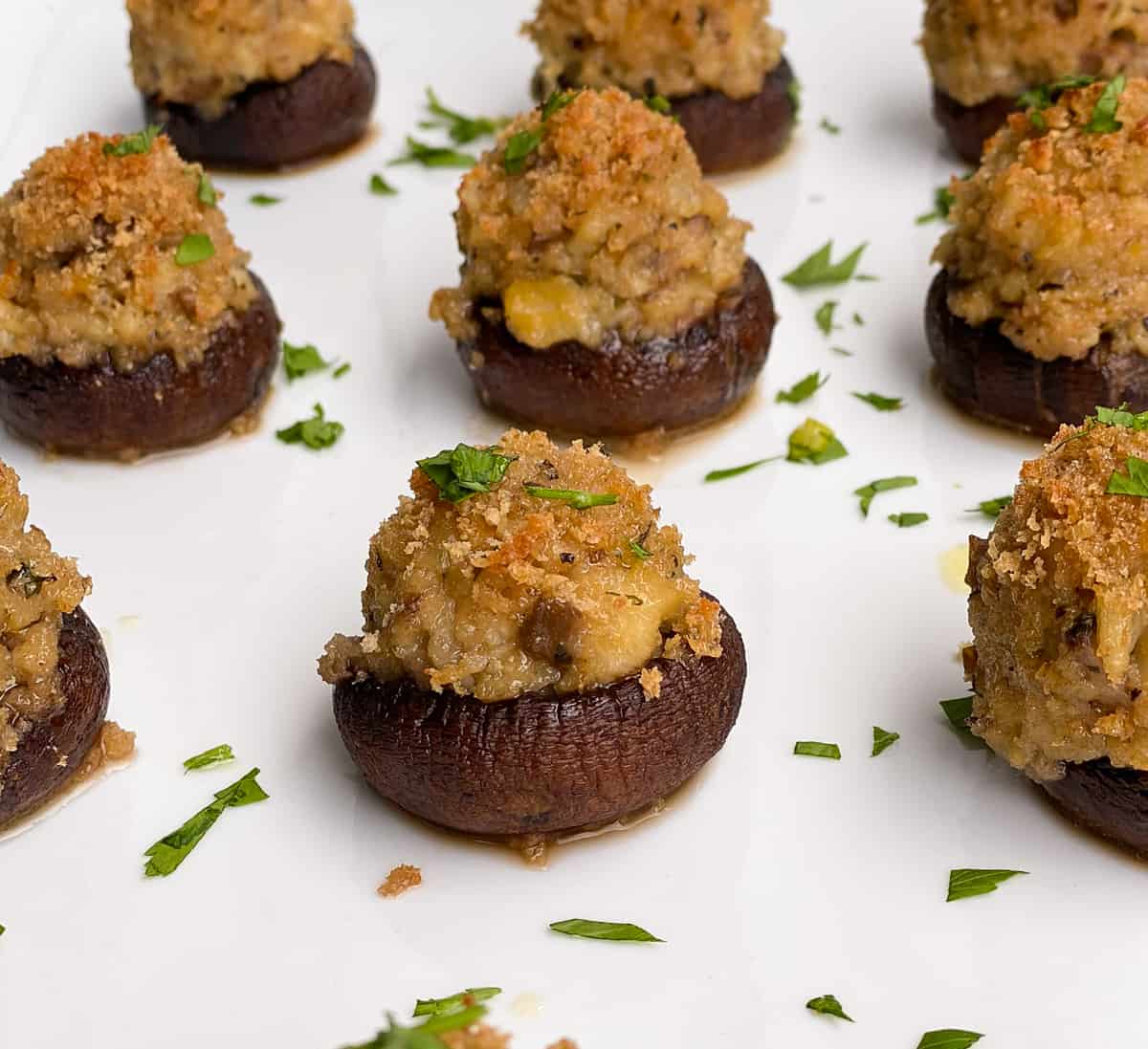 Mini Italian mushrooms stuffed with breadcrumbs clams and seasoning on a white plate.