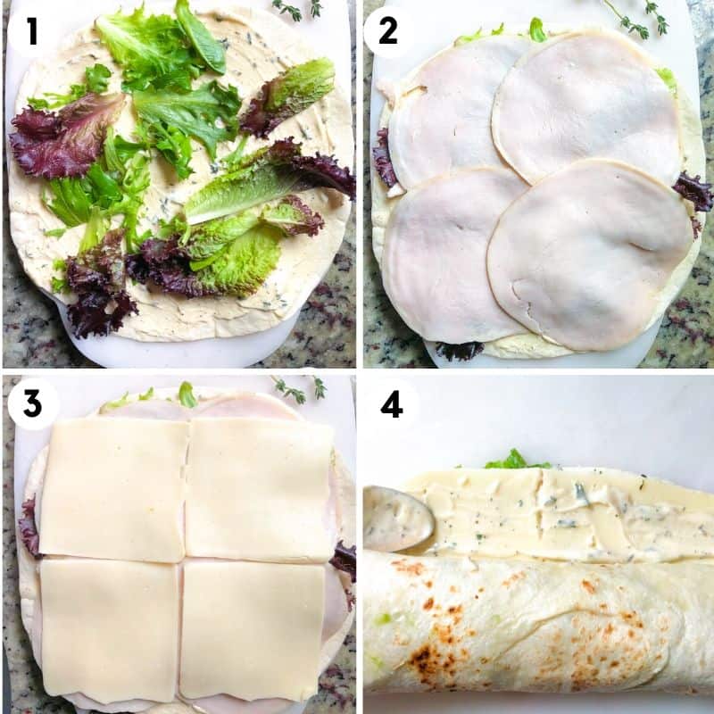 4 step collage showing how to layer your pinwheels with lettuce, turkey breasts, cheese and dressing