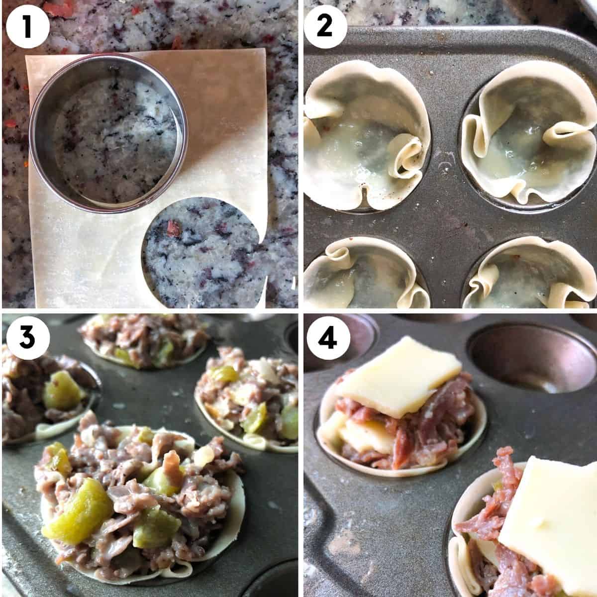 Steps for how to make cheesesteak wonton cups using a mini muffin tin.