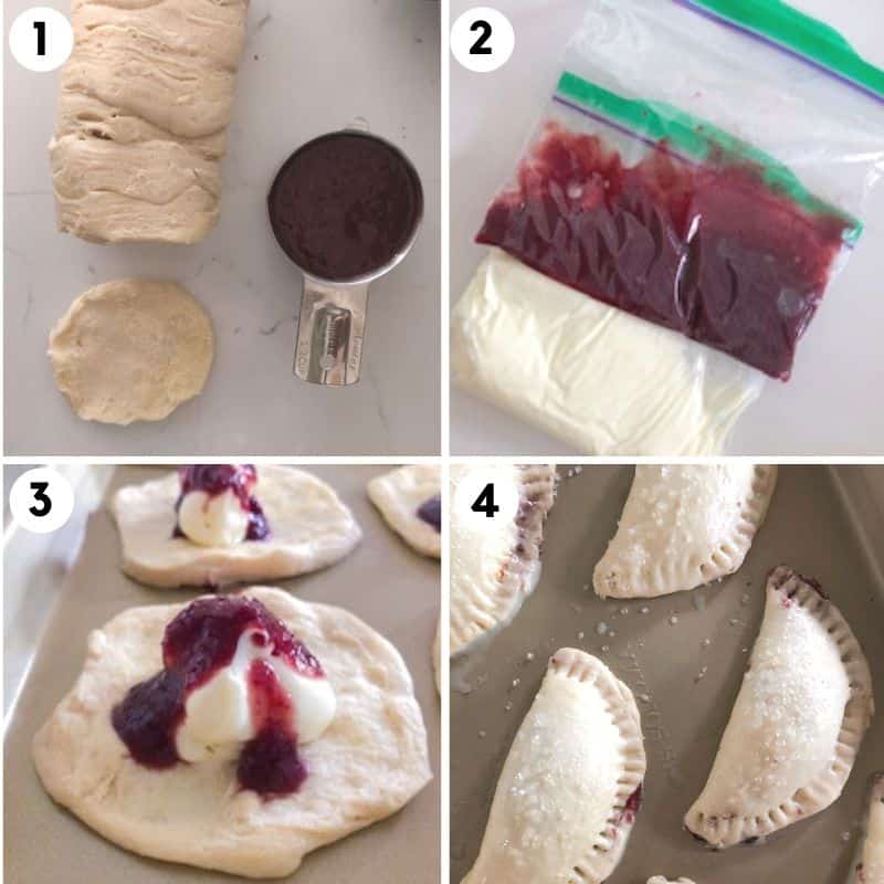 steps for how to make dessert empanadas including filling them and folding them.