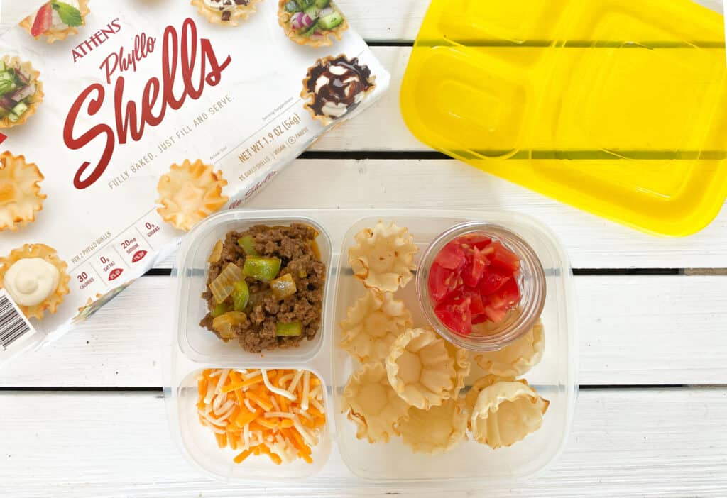 kids taco lunchable with ground beef, cheese and phyllo cups