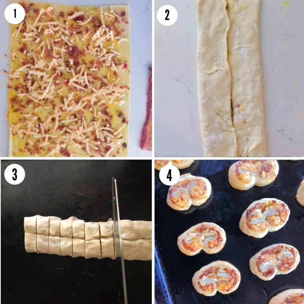 Steps for how to make, fold and cut savory palmiers.