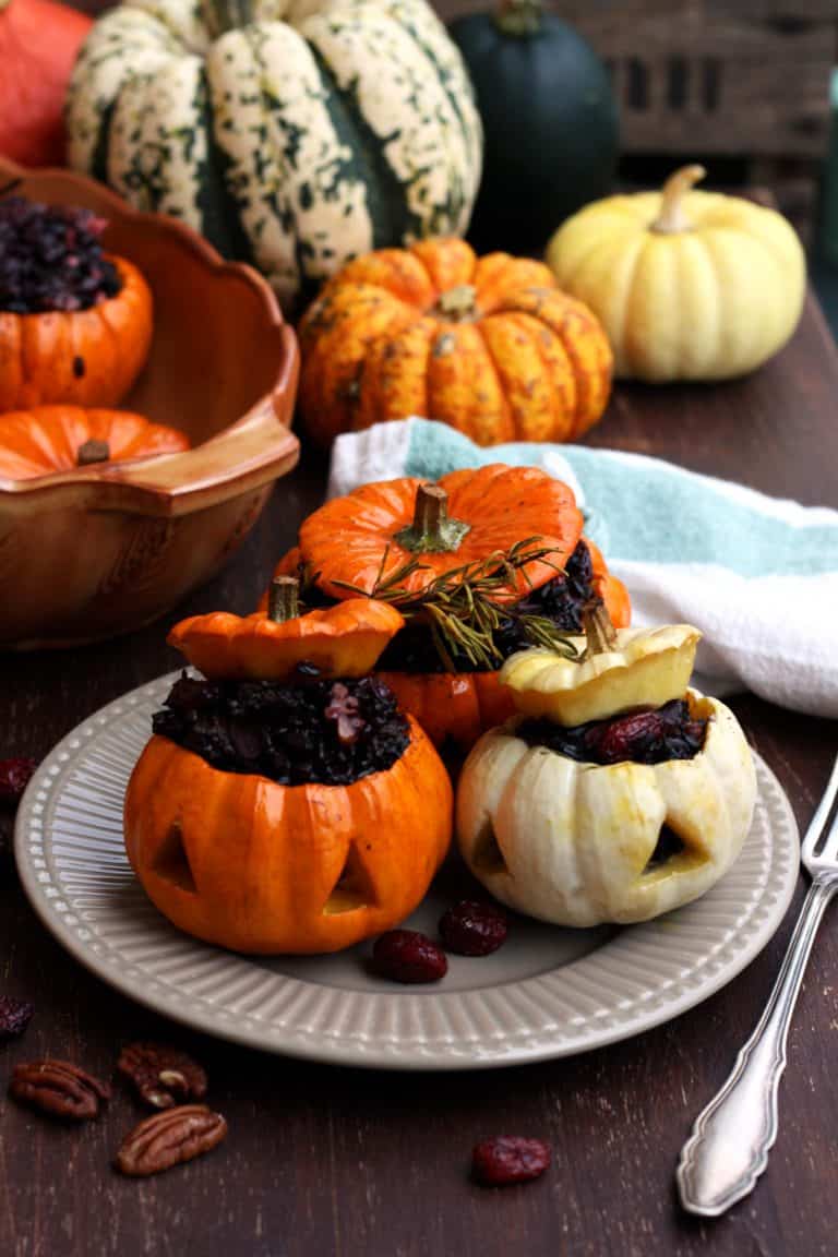 Mini pumpkins stuffed with wild rice.