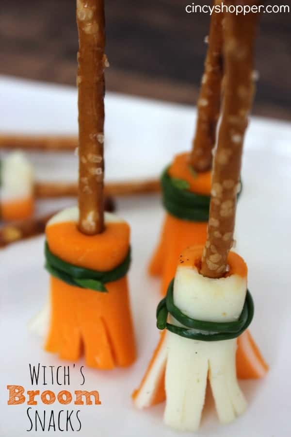 Cheese and pretzel appetizer sticks shaped to look like witches brooms.