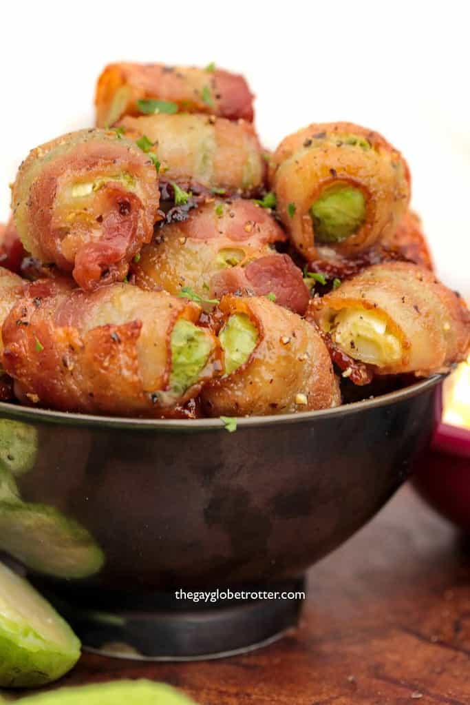 bacon wrapped brussels sprouts appetizer in a bowl.