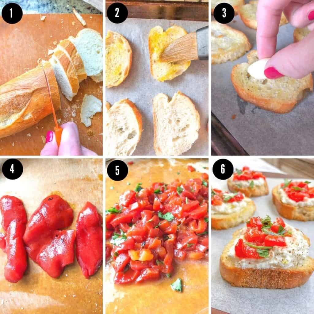 Step by step images to show you how to make crostini with ricotta cheese and roasted red peppers.