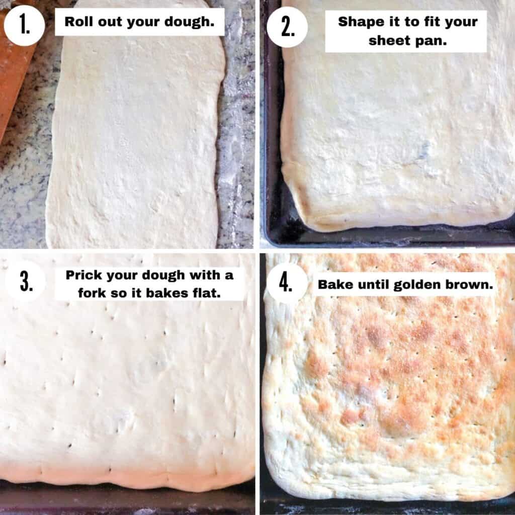 steps with images for rolling and baking your own flatbread pizza dough