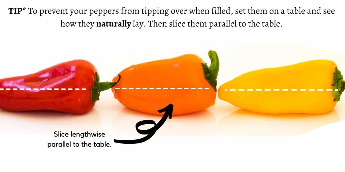 photo showing how to properly slice baby bell peppers for stuffing.