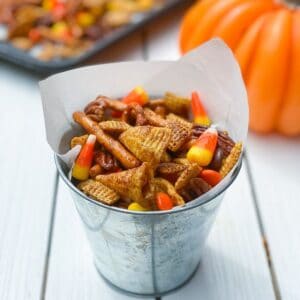 overhead shot of pumpkin chex mix recipe