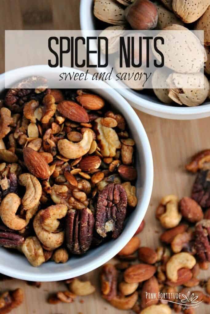 spiced nuts in a bowl and on table