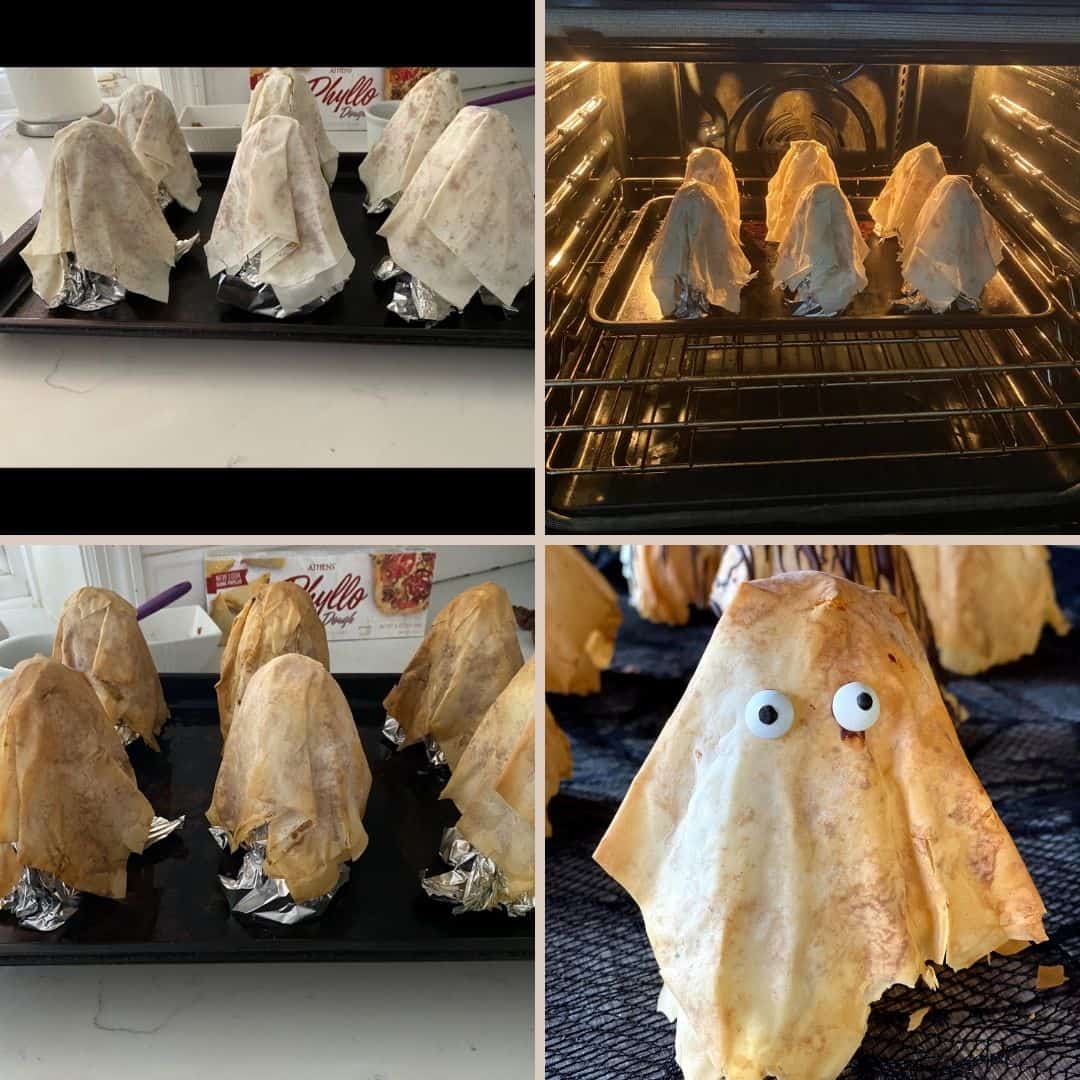 steps showing how to bake phyllo ghosts on baking sheet.