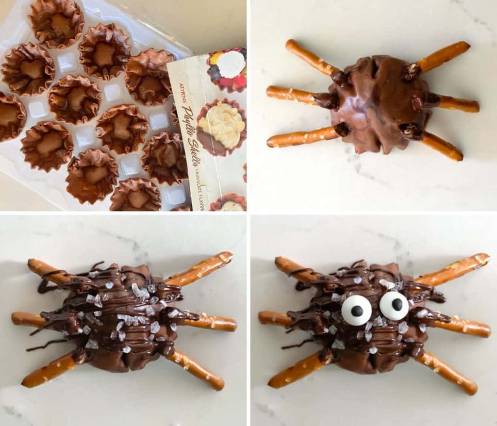 Showing images of how to make spooky Halloween spiders using phyllo shells.