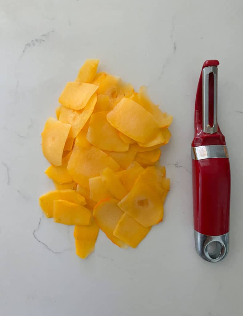 Shaved pumpkin on table.