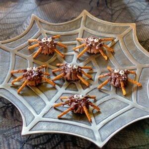 chocolate pretzel spiders on a spider web plate