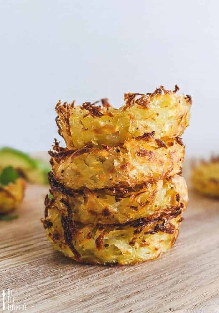 baked hash browns stacked on top of eachother.
