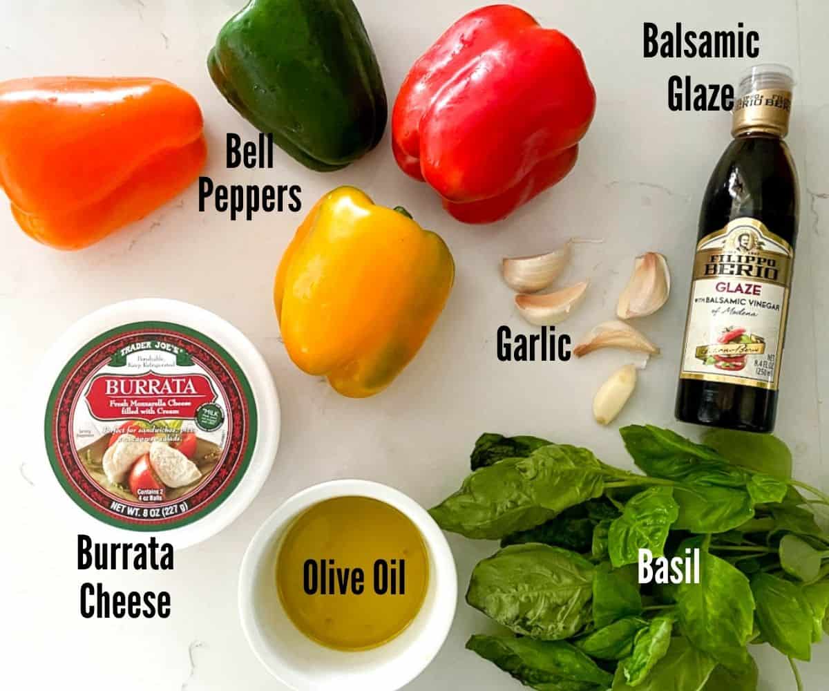 ingredients laid out to make burrata cheese appetizer.