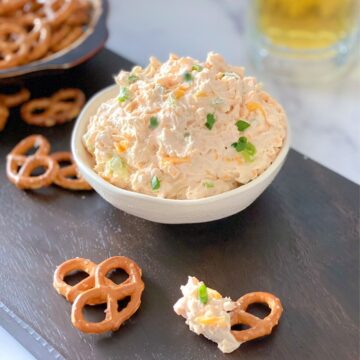 cheddar cheese pretzel dip with beer.