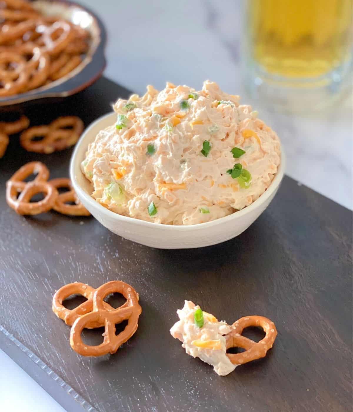 cheddar cheese pretzel dip with beer.