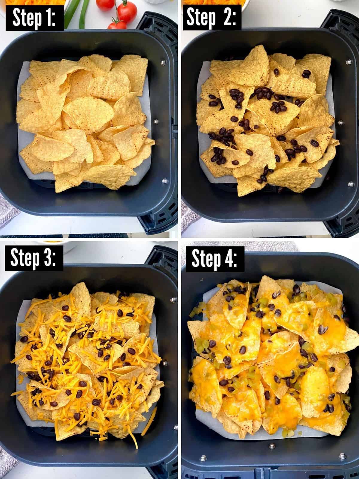 step by step images of placing tortilla chips in air fryer topping with shredded cheddar cheese.