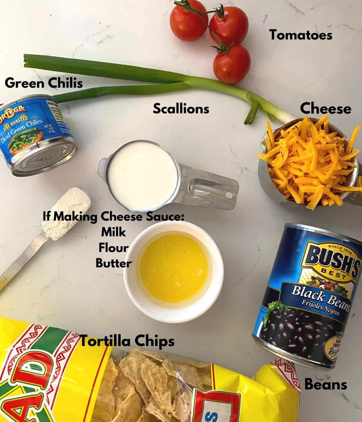 Ingredients on a table to make air fryer nachos.