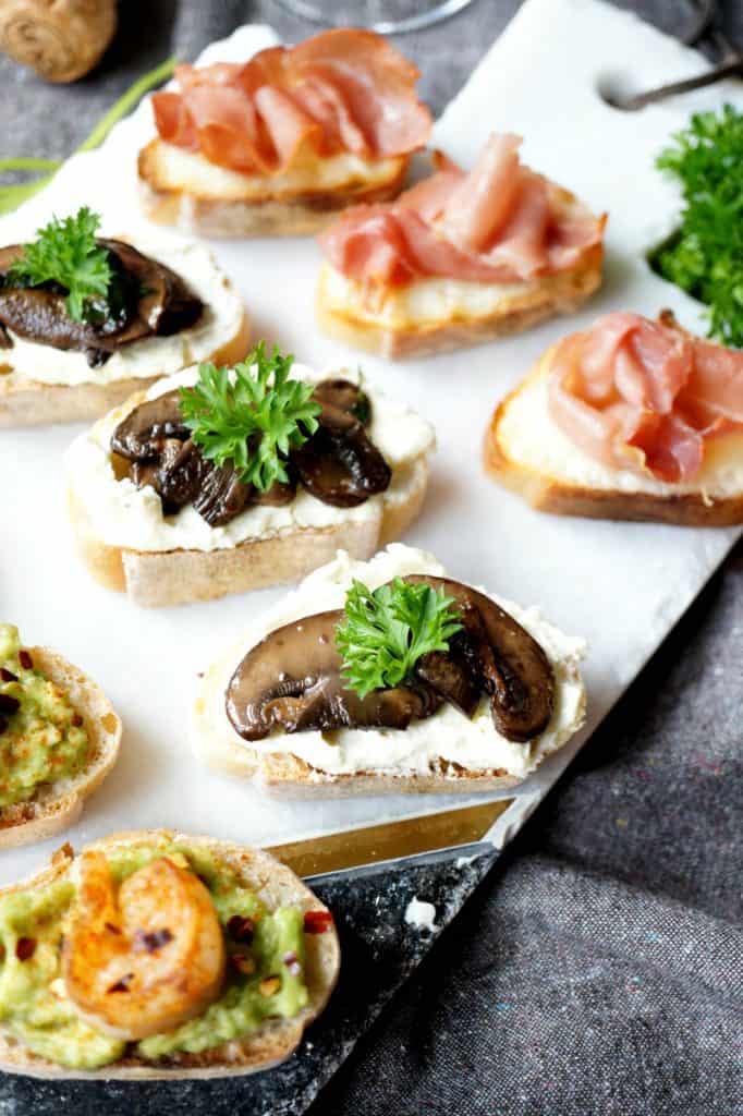holiday crostini trio with mushrooms and proscuitto.