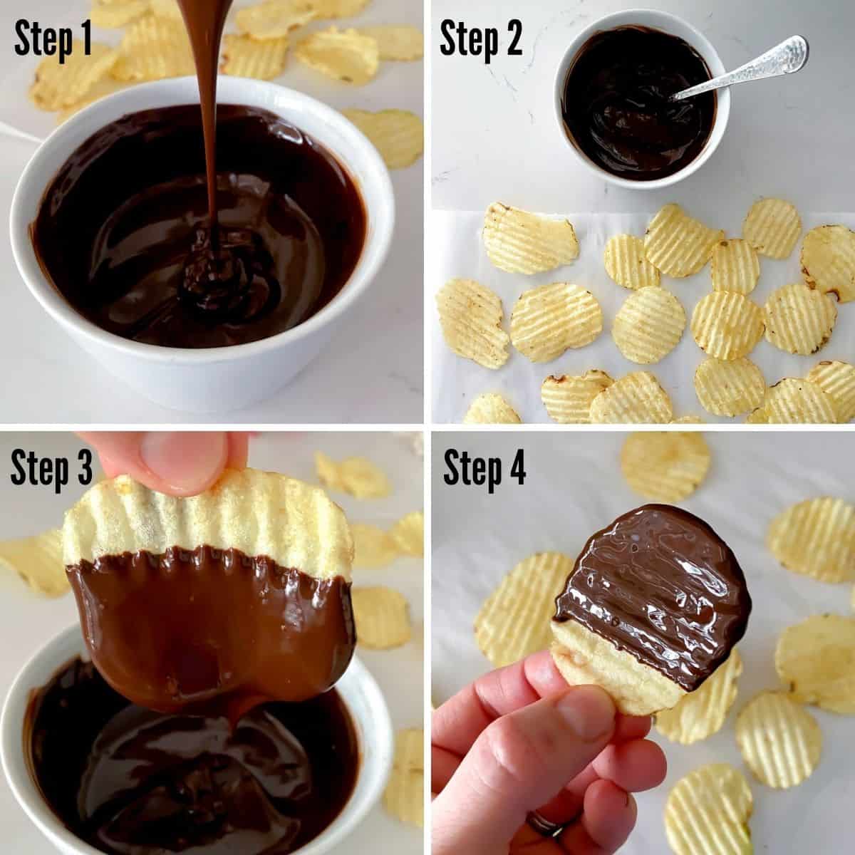 Steps to make homemade chocolate covered potato chips showing dipping my chip into melted chocolate.