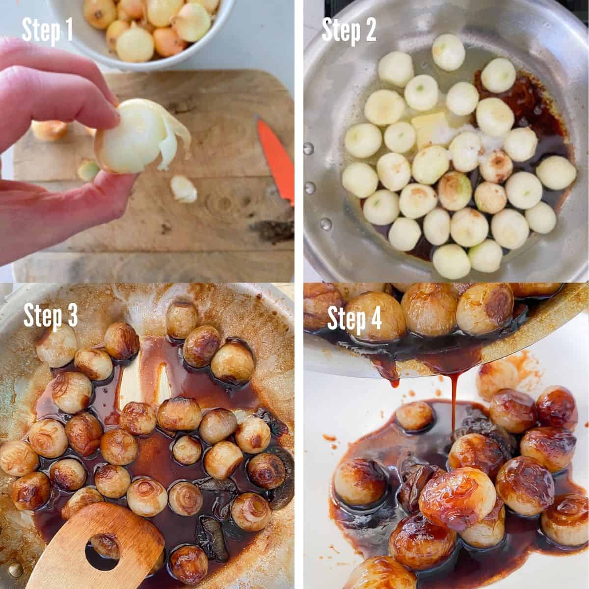 steps for making caramelized pearl onions.